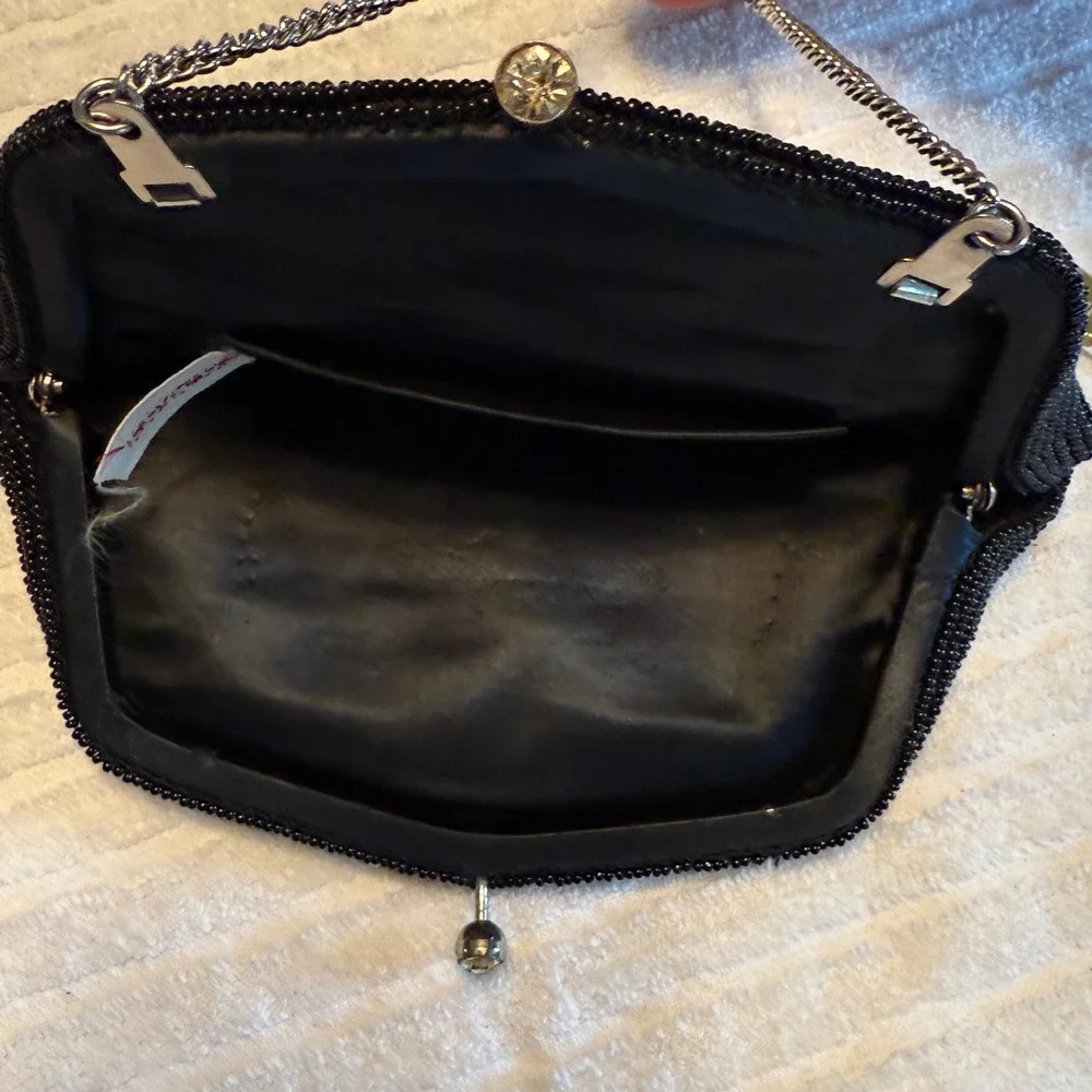 Vintage‎ Made in Japan Black Beaded Evening Purse Rhinestone Clasp Chain Handle